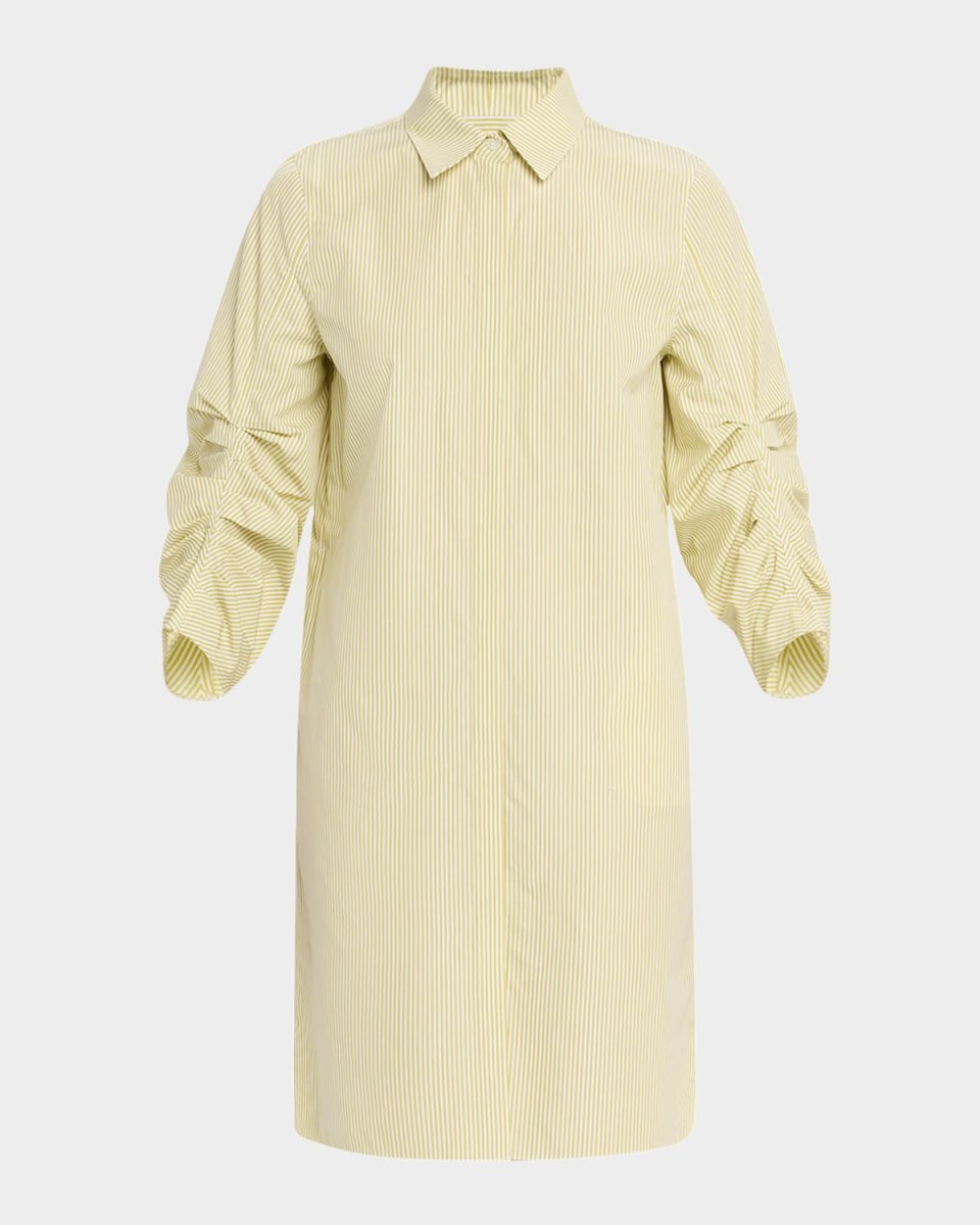Striped Pleated-Sleeve Midi Shirtdress